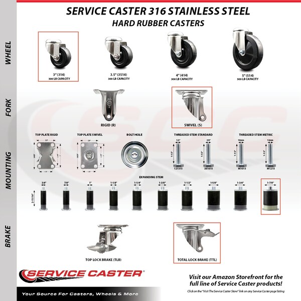 Service Caster 3 Inch 316SS Hard Rubber Swivel 1-7/8 Inch Expanding Stem Caster Lock Brake SCC SCC-SS316TTLEX20S314-HRS-178 - main